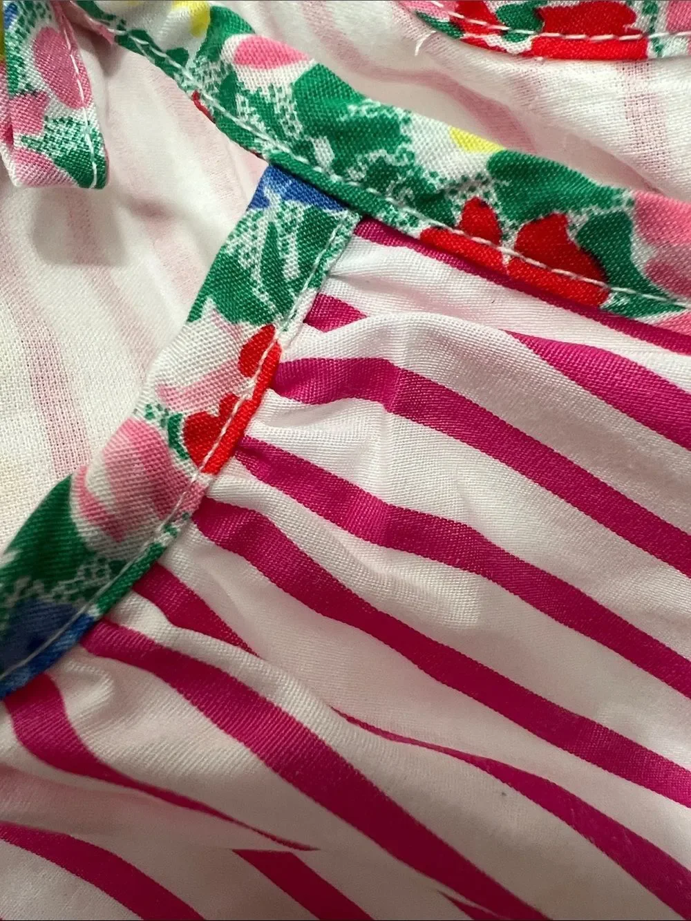 Ralph Lauren Fuchsia pink and white stripe cotton bubble romper floral trim 3 m